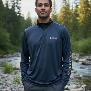 Columbia Navy Half‑Zip Pullover with Gold Logo and Sleeve Script